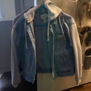 hooded half jean jacket half sweatshirt jacket.